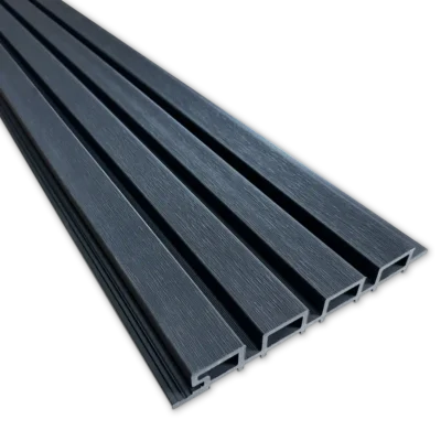 Plastic facade panels in black oak with fine wood grain texture